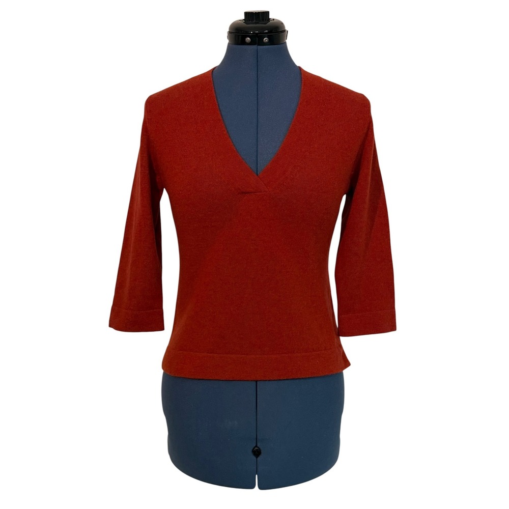 Vtg Griffen Cashmere Womens Rust Orange V Neck Sweater 3/4 Sleeve Fall Petite PS